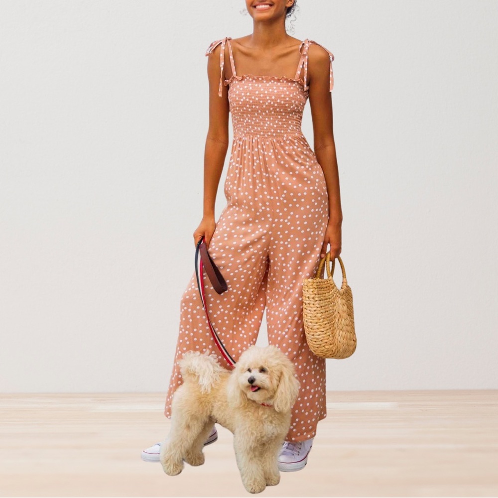 Smocked Tie-Strap Polka Dot Jumpsuit - Rust